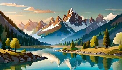 European mountain view with river in flat art design illustration - obrazy, fototapety, plakaty