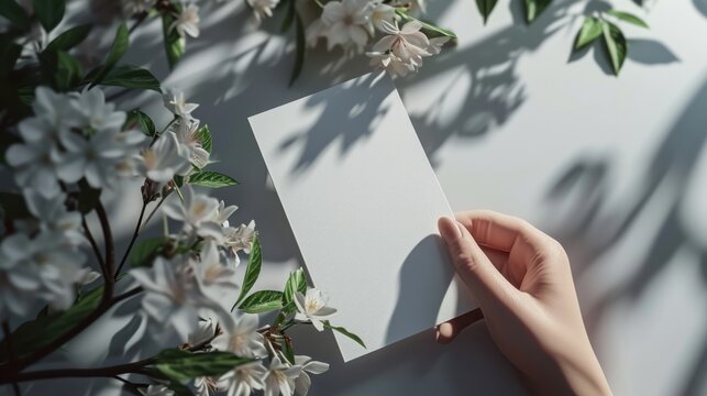 Top view hand-holding blank empty greeting card white flowers branch over the white concrete wall, natural sunlight, and shadow leaf. illustration of 3D wedding invitation card - Powered by Adobe