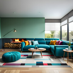 modern lounge with multi colour rug, teal cushions and wooden floor. 