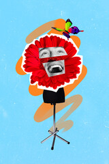 Vertical collage picture of mannequin big flowers pieces excited black white colors guy face flying...
