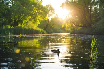 A solitary duck glides through the peaceful bayou, basking in the warm sunlight and surrounded by a serene landscape of trees, plants, and reflections in the water - obrazy, fototapety, plakaty