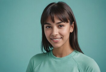 Fototapeta premium Portrait of a happy young woman wearing a teal t-shirt, posing against a teal background.