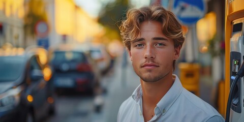 Fototapeta premium Happy Young Man using, talking on phone while recharging EV car battery at charging station