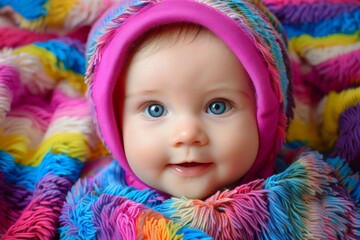 A cherubic newborn, adorned in a rosy cap and wrapped in a vibrant quilt, gazes up at the camera with innocent wonder, nestled safely in the arms of a loving caregiver