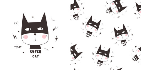 Hand drawn black and white cute cat face in a super hero mask, with quote Super cat. Line drawing. Design concept for poster, t-shirt print. Vector illustrations
