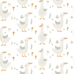 Seamless pattern with geese and flowers. Vector illustration - 741555883