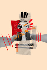Vertical creative collage young woman drawing face doodles show tongue crazy funny concept...
