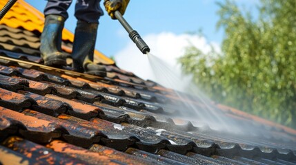 Roof cleaning with high pressure water - obrazy, fototapety, plakaty
