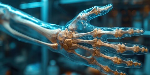 An x-ray of the patient's wrist bone in a blue laboratory background - obrazy, fototapety, plakaty