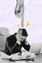 Vertical creative art collage of upset exhausted young male employee hand finger director chief...