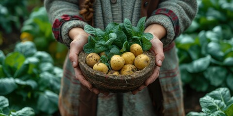 Hand of young woman holding a basket of vegetables, self-sufficient farm vibes, homegrown - obrazy, fototapety, plakaty