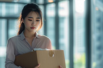 Dismissal, Frustrated Fired face of the Employee Woman Packing Belongings In Cardboard Box Leaving Workplace Standing In Modern Office
