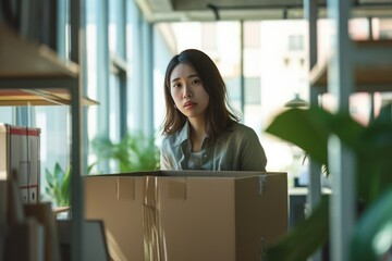 Dismissal, Frustrated Fired face of the Employee Woman Packing Belongings In Cardboard Box Leaving Workplace Standing In Modern Office