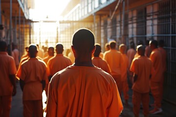 Prisoners, inmates in orange uniforms standing facing the metal bars in front of prison cells jail