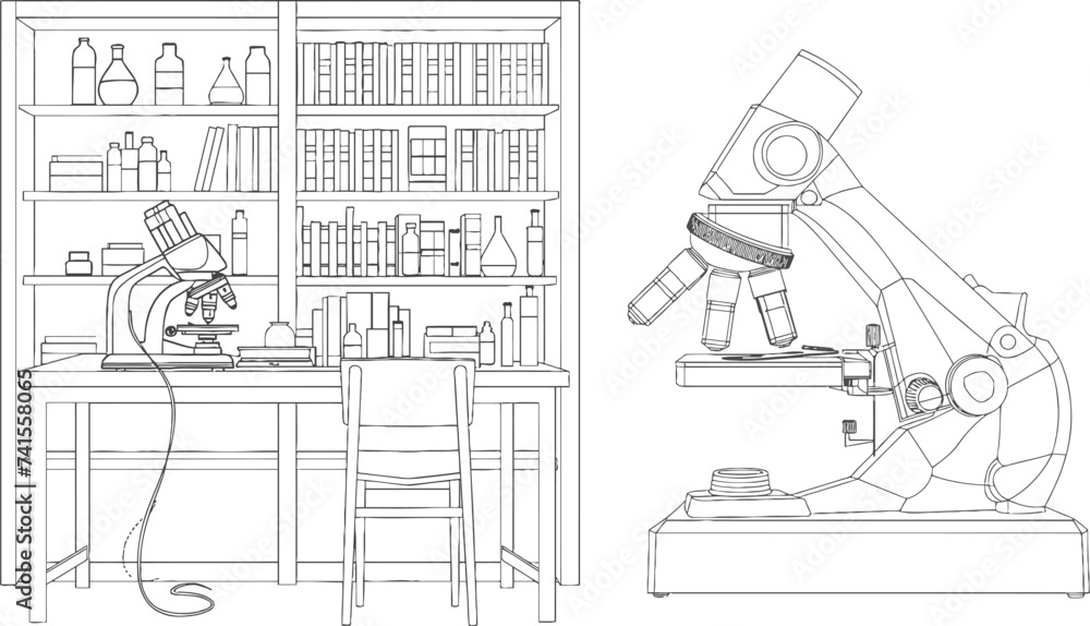 Poster single continuous line drawing of microscope on school library to learn chemistry study