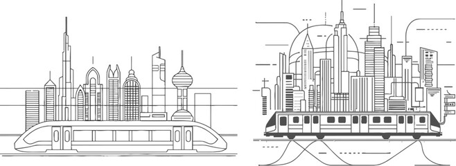 Flat artistic one line design vector city train and city buildings