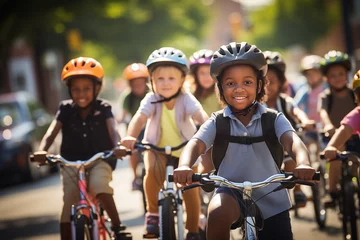 Foto op Canvas Portrait of smiling African American girl riding bicycle with friends in park © Татьяна Евдокимова