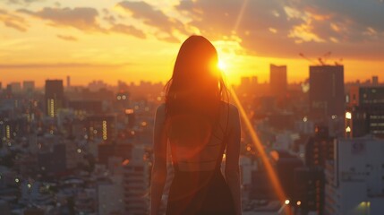 A beautiful woman with long blck hair  staring at the city skyline at sunset - obrazy, fototapety, plakaty