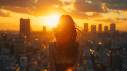 A beautiful woman with long blck hair  staring at the city skyline at sunset - obrazy, fototapety, plakaty