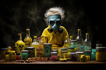 Little boy in a gas mask against the background of bottles of poison