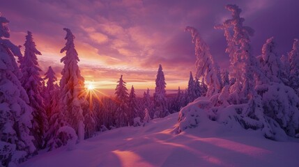pines covered in snow in winter at sunset 