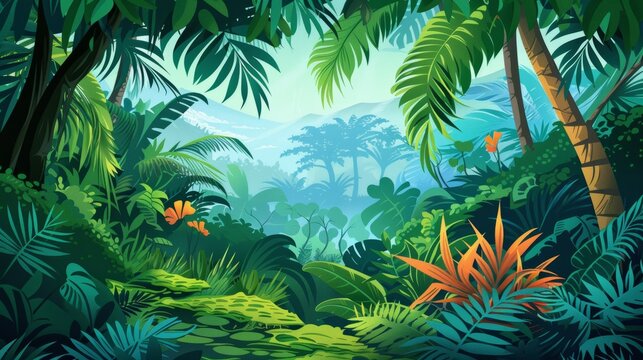 illustration of a lush green jungle full of trees and lesves