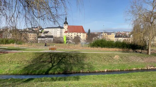 canal in the city park reichenbach im Vogtland, city saxony