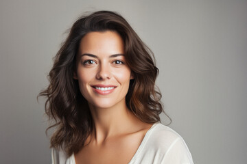 Naklejka premium Happy attractive confident young adult or mid aged European woman posing for beauty aesthetic portrait. Beautiful lady smiling on background, attractive female model looking at camera. Close up face .