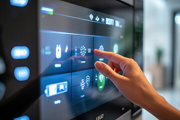 Closeup of a womans hand setting up an intelligent home system, controlling smart home appliances with a control panel. - obrazy, fototapety, plakaty