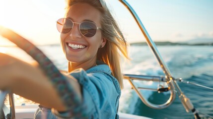 Smiling confident woman steering pleasure yacht on sunny summer day on calm blue sea