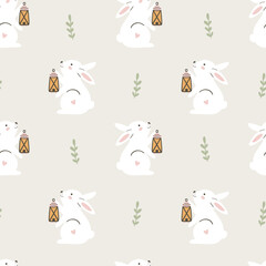 Seamless pattern with cute bunny. Pastel style. Vector illustrations - 741559258