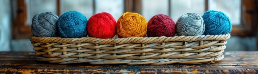 Colorful yarn balls lined up in a wicker basket