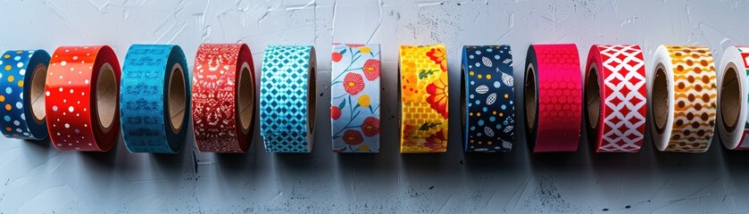Colorful washi tapes with various patterns against a white surface - obrazy, fototapety, plakaty