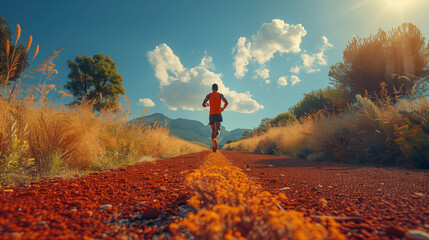 Back view African runner running and training in a stadium with a view of the mountains