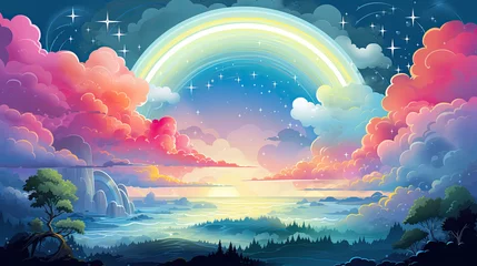 Zelfklevend Fotobehang Beautiful Sunset with Rainbow in the Sky. Cartoon Illustration of Dramatic Sky Landscape with Sea Beach and Cloudscape. Digital Art for World Ozone Day and Earth Day background © RBGallery