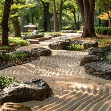 Peaceful Zen Garden with Raked Sand Patterns: A tranquil Zen garden featuring meticulously raked sand patterns surrounded by lush greenery.