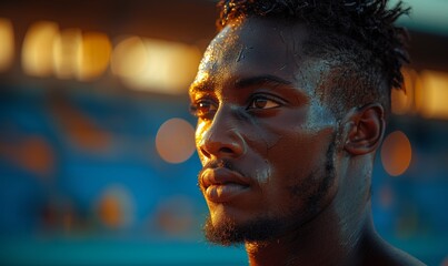 Close-up portrait of sweaty African runner at competition after 100m or 400m race in stadium on...