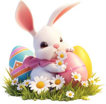 Cute rabbit with 3d style easter eggs isolated on transparent background. PNG