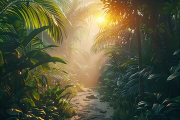 Fototapeta na wymiar lush jungle in the morning light wallpaper 