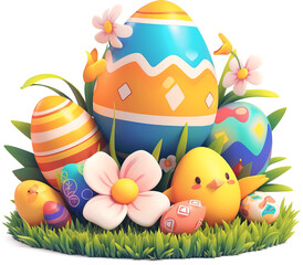Easter eggs in a basket isolated on transparent background. PNG