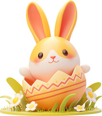 Cute rabbit coming out of an easter egg shell 3d style isolated on transparent background. PNG