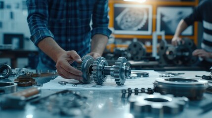 Experienced mechanic engineers meticulously assemble gear spare parts for automotive equipment, ensuring precision in four sets