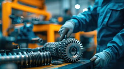 Experienced mechanic engineers meticulously assemble gear spare parts for automotive equipment, ensuring precision in four sets