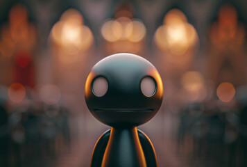 A playful cartoon toy, with a dark exterior and bright eyes, evokes a sense of whimsy and mystery...