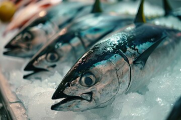 tuna fish on ice in fish market