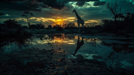 a giraffe next to a river at sundown in african grasslands - obrazy, fototapety, plakaty