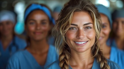 Group of confident doctors inside the hospital wearing scrubs