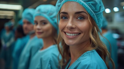 Group of confident doctors inside the hospital wearing scrubs