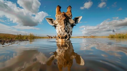 a gjiraffe drinking water in a river in Africa