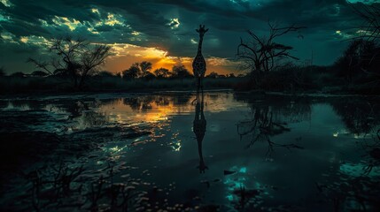 a giraffe next to a river at sundown in african grasslands